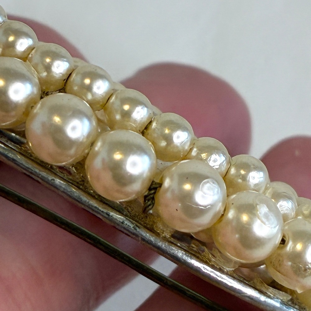 Vintage Faux Pearl Brooch Pin Set Gold Silver Tone Oval Rectangle 2pc Estate - Picture 12 of 13